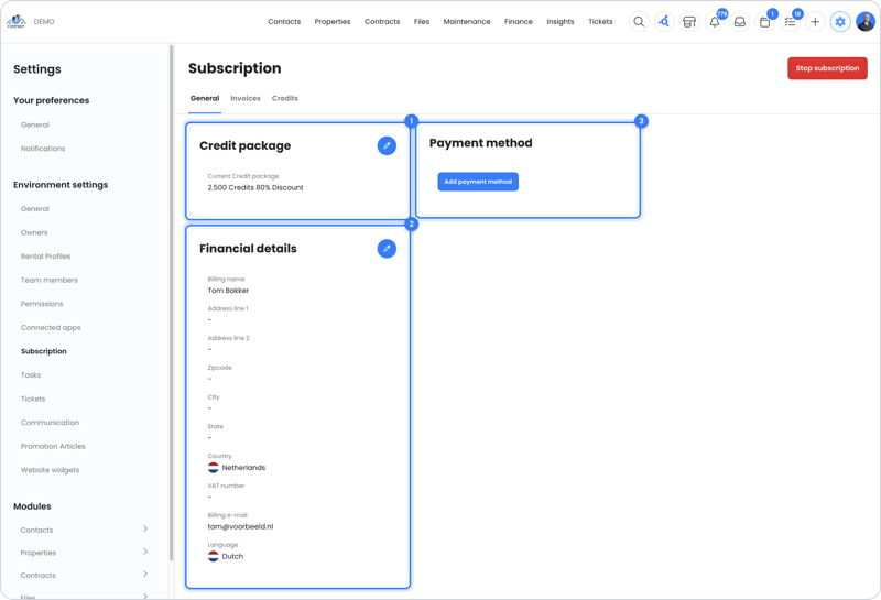 The subscription screen with credit package, billing details and payment method