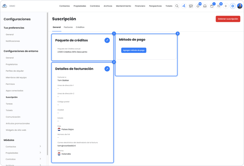 La pantalla de suscripción con paquete de créditos, datos de facturación y método de pago