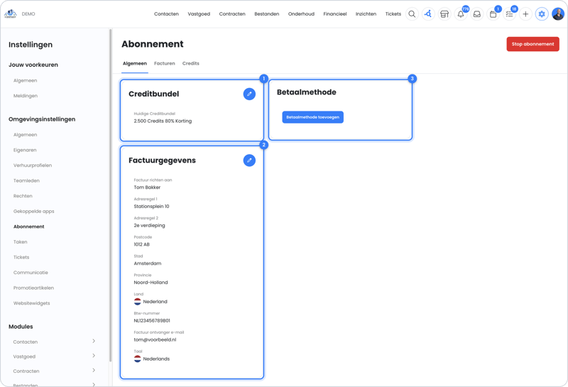 Het abonnementsscherm met creditbundel, factuurgegevens en betaalmethode