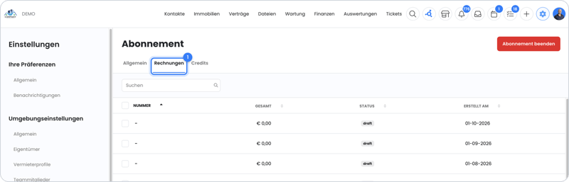 Der Tab Rechnungen unter Abonnement