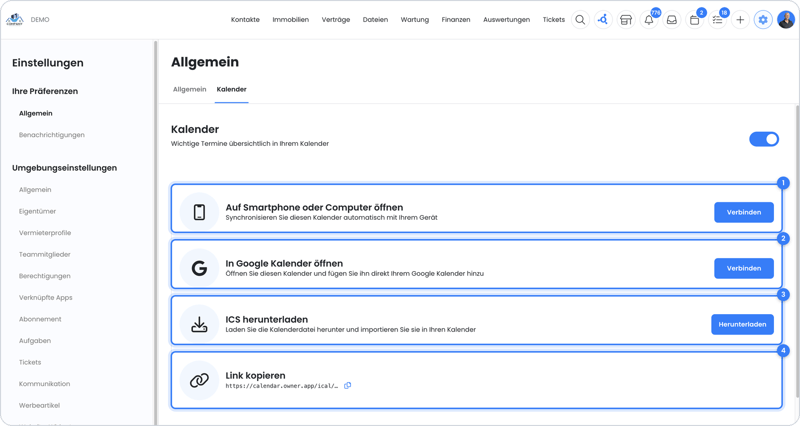 Kalendereinstellungen mit Verbindungsoptionen