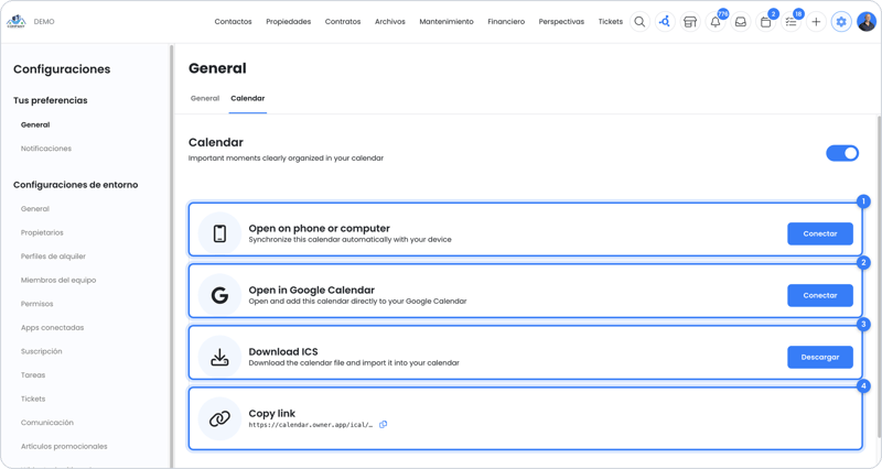 Configuración del calendario con opciones de conexión