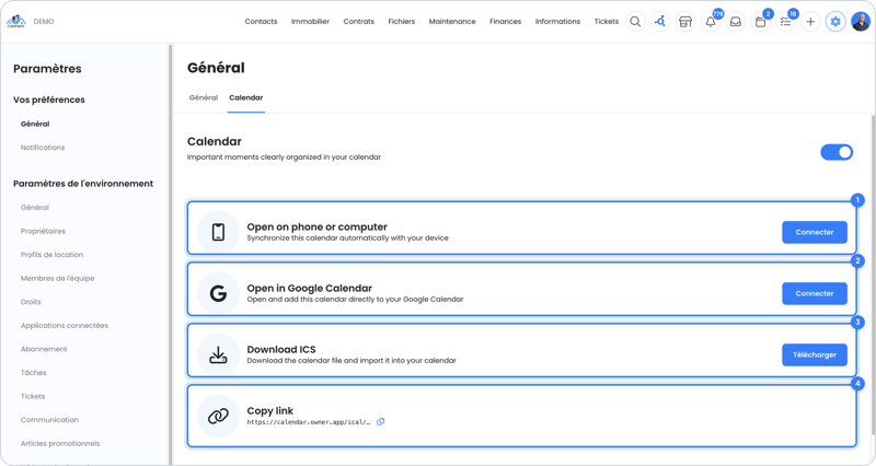 Paramètres du calendrier avec les options de connexion
