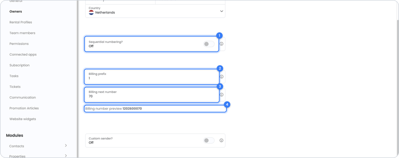 Setting up invoice numbering for an owner