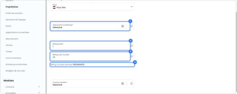 Configurer la numérotation des factures pour un propriétaire