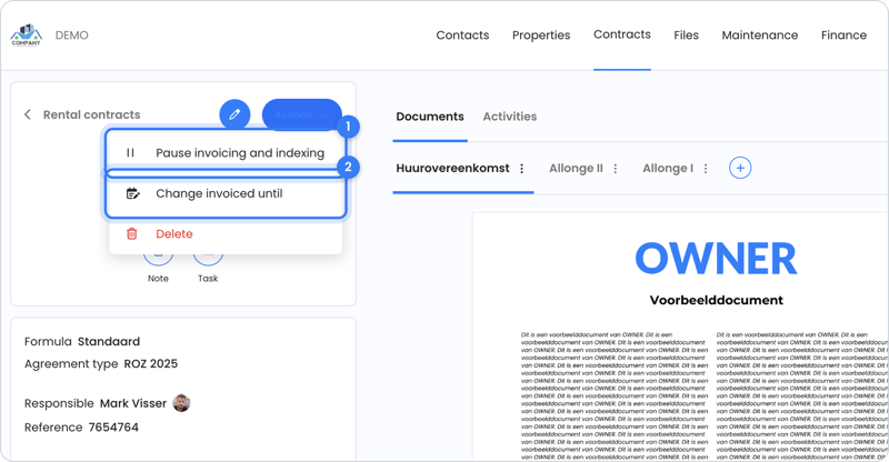 Changing Invoiced until via the rental contract menu