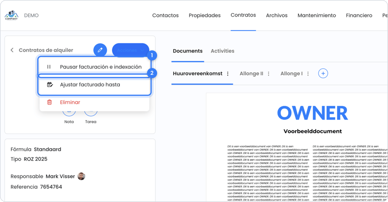 Cambiar Facturado hasta desde el menú de un contrato de alquiler