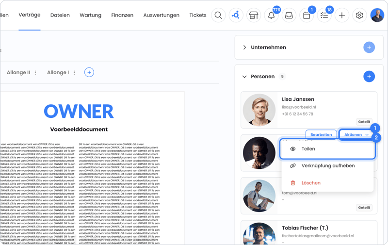 Einer Person über Aktionen und Teilen Zugang zu einem Mietvertrag geben