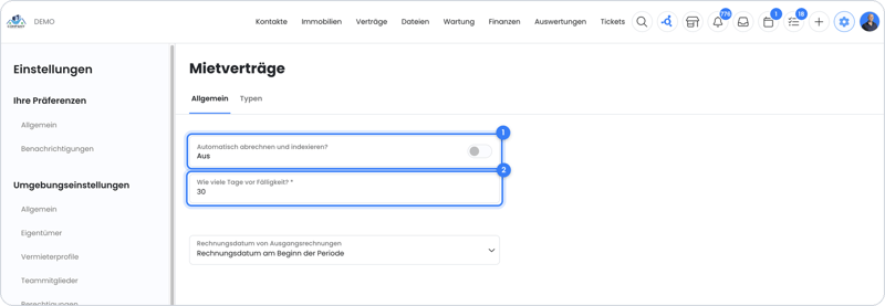 Einstellungen für Mietverträge mit automatischer Abrechnung und Indexierung