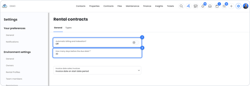 The Automatically bill and index setting for rental contracts