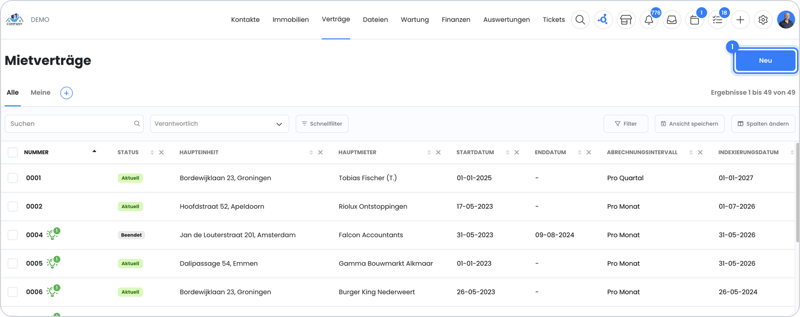 Übersicht der Mietverträge in OWNER mit dem Button Neu