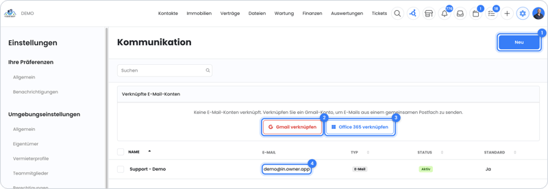 Kommunikationseinstellungen in OWNER zum Verknüpfen einer Inbox
