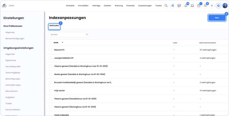 Liste der Indexierungsmethoden in den Einstellungen von OWNER
