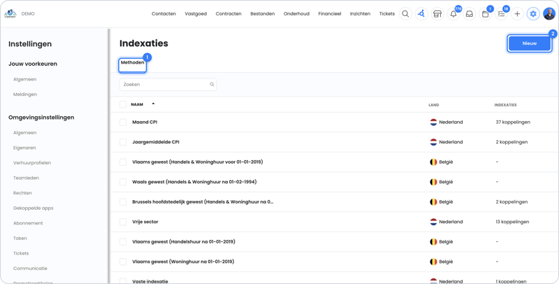 Lijst met indexatiemethoden in de instellingen van OWNER