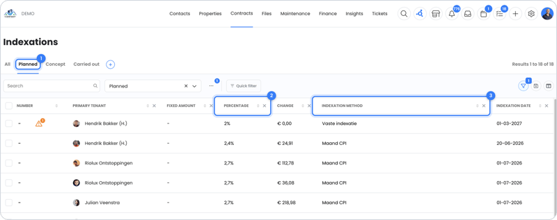 Overview of indexations in OWNER under Contracts > Indexations