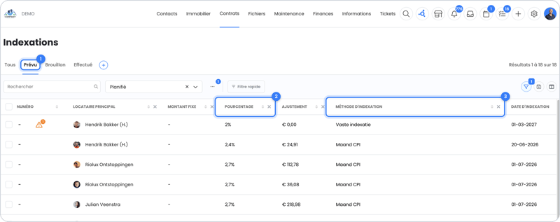 Aperçu des indexations dans OWNER sous Contrats > Indexations