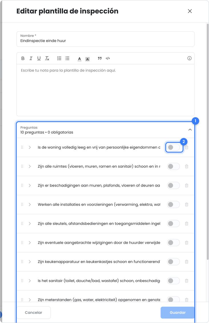 Configurar una plantilla de inspección en OWNER