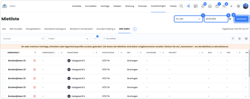 Die Mietliste unter Auswertungen in OWNER