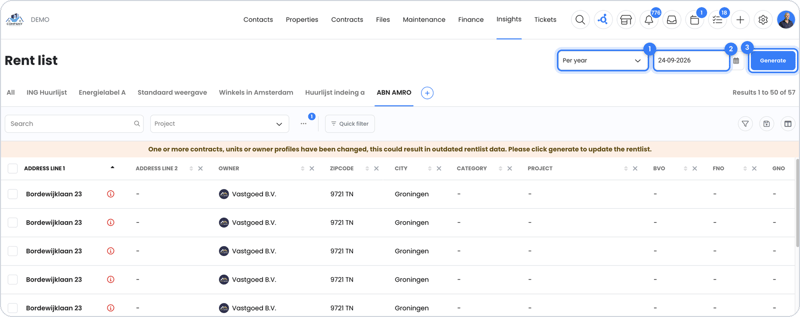 The rent list under Insights in OWNER