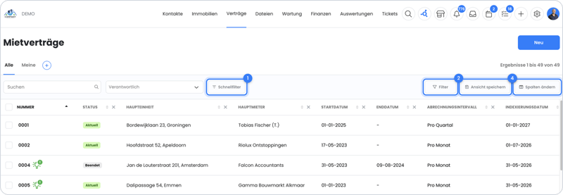 Symbolleiste über der Liste der Mietverträge