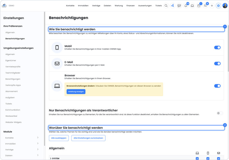 Die Benachrichtigungseinstellungen in deiner Umgebung