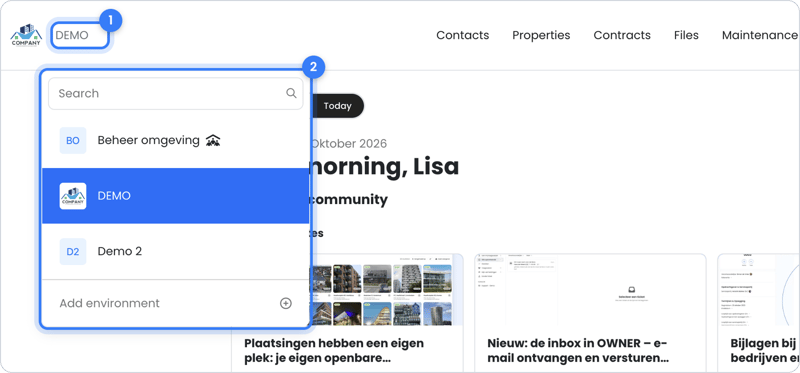 The list of environments at the top left of my.owner.app