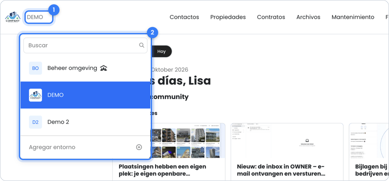 La lista de entornos arriba a la izquierda en my.owner.app