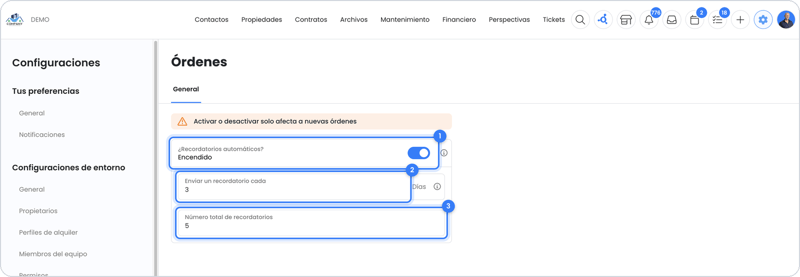 Configuración de recordatorios automáticos para órdenes