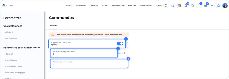 Paramètres des rappels automatiques pour les commandes