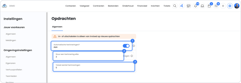 Instellingen voor automatische herinneringen bij opdrachten