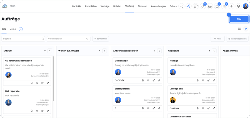 Übersicht der Aufträge in OWNER in der Kanban-Ansicht
