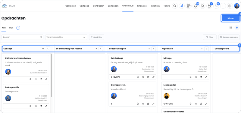Overzicht van opdrachten in OWNER in de kanban-weergave