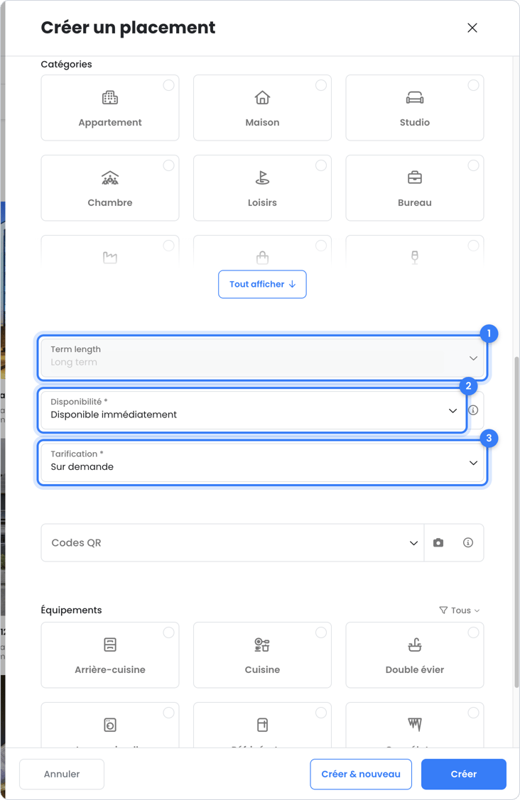 Placement avec titre, description et disponibilité