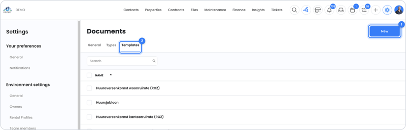 Document templates in the OWNER settings