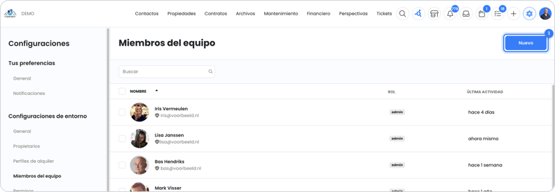 El resumen de Miembros del equipo con el botón Nuevo