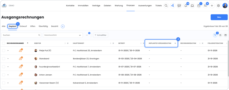 Übersicht der Ausgangsrechnungen in OWNER mit den Tabs pro Status