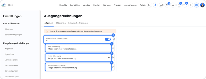 Einstellungen für automatische Erinnerungen bei Ausgangsrechnungen