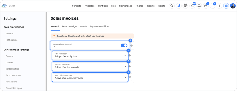 Setting up automatic reminders for sales invoices