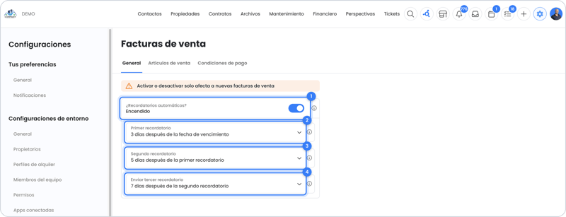Configuración de los recordatorios automáticos de facturas de venta