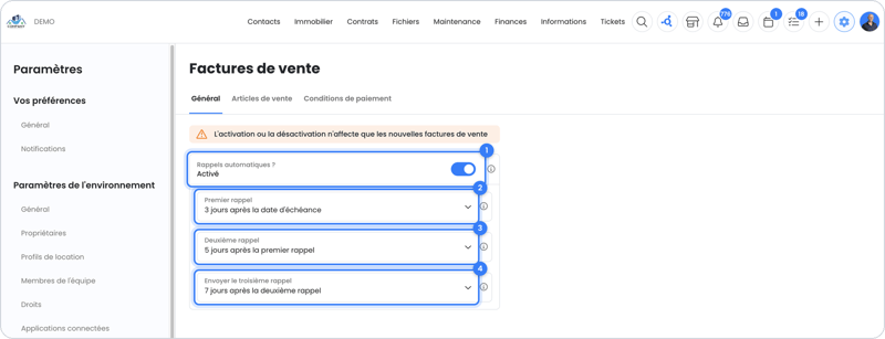 Paramètres des rappels automatiques pour les factures de vente