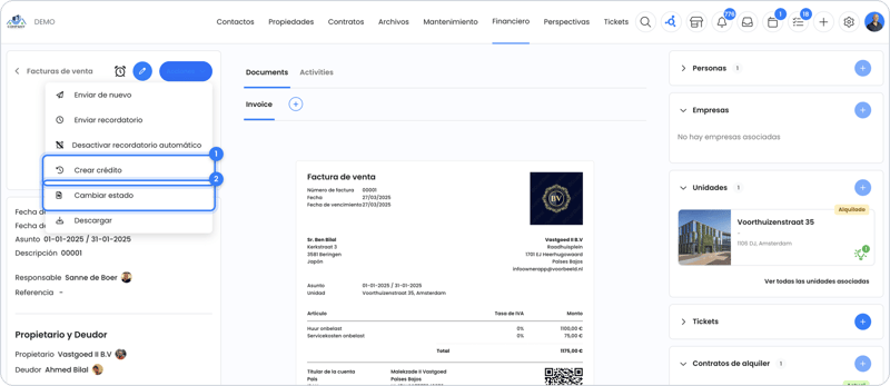 Menú Acciones de una factura de venta con la opción Cambiar estado