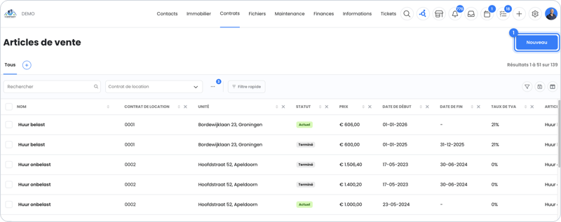Aperçu des articles de vente dans OWNER