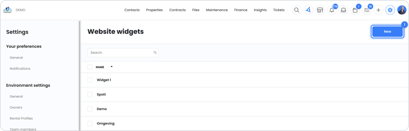 Website widgets in the settings