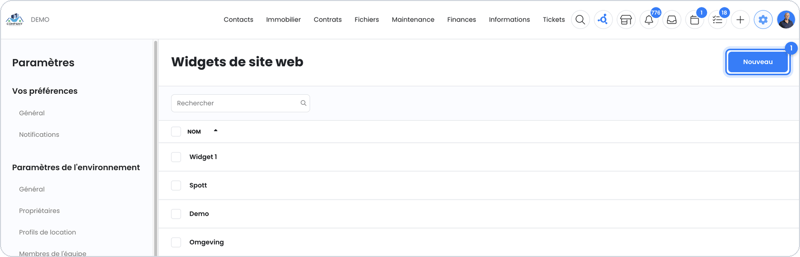 Widgets de site web dans les paramètres